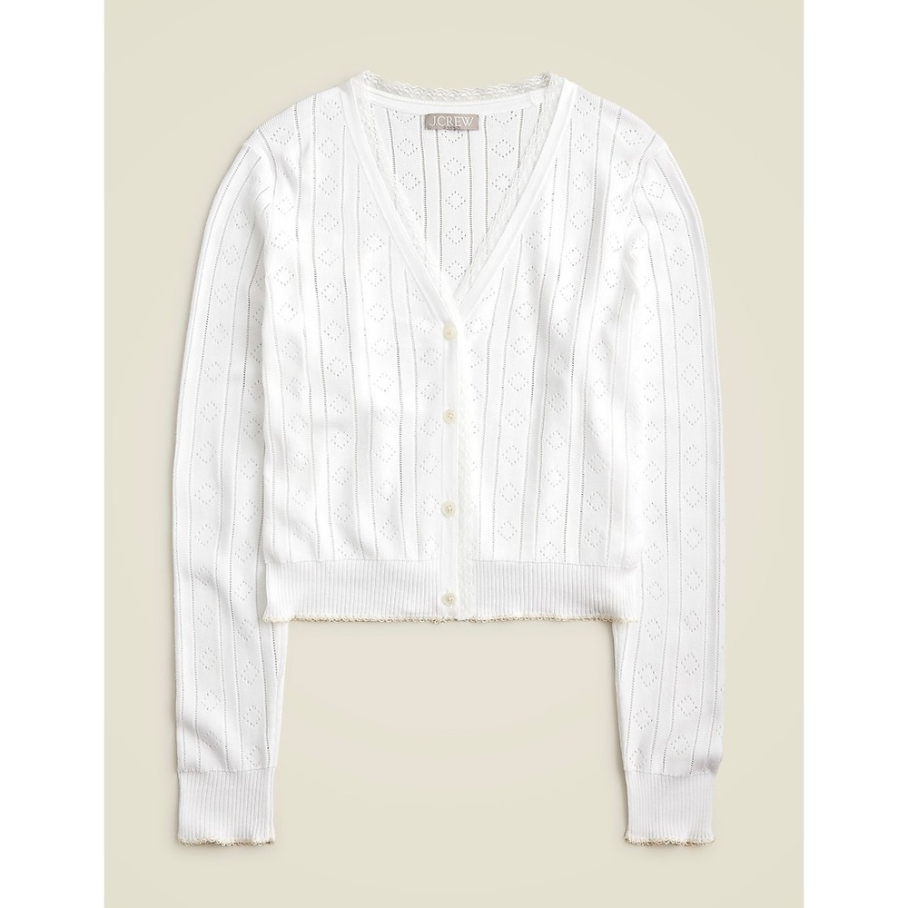 J Crew Pointelle V-Neck Cardigan Premium Ultrafine Cotton White Lace Trim XS